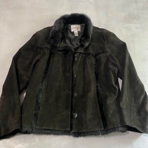 Chicos Jacket Womens‎ XL Black Suede Leather Rabbit fur button up y2k Chicos 3 - Picture 1 of 9